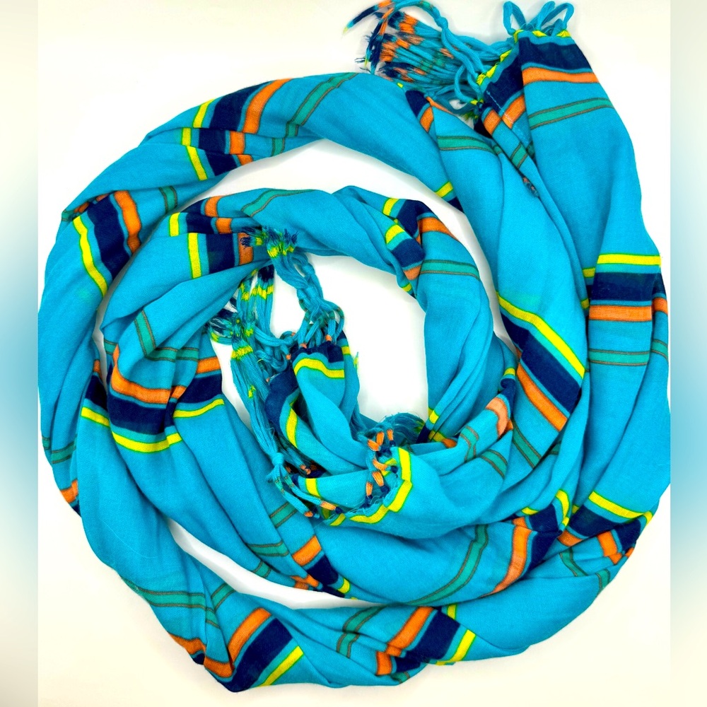 Long fashion striped scarf with fringe - teal, navy, yellow, salmon, green - Picture 3 of 11